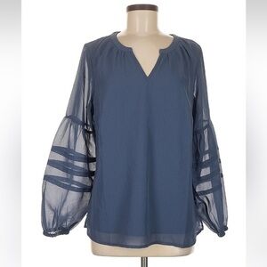 D&Co. Elegant Blue Women's Top Sheer Sleeves - Size MED - Excellent Condition